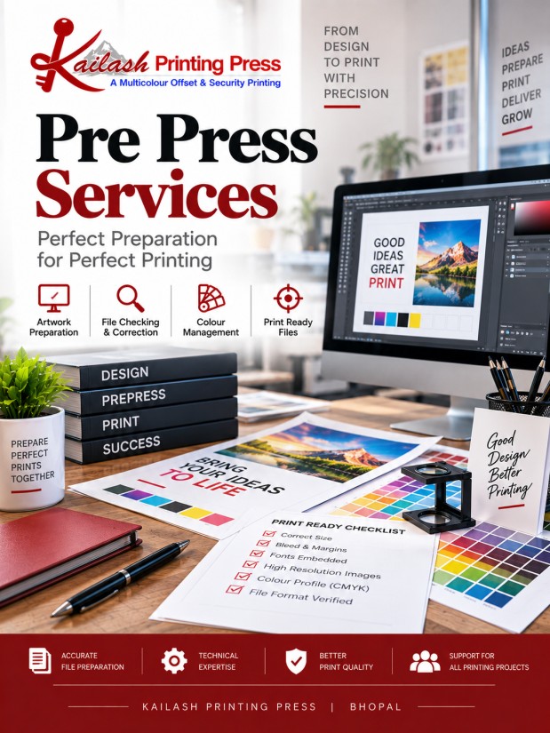 Pre press artwork preparation and print quality checking at Kailash Printing Press